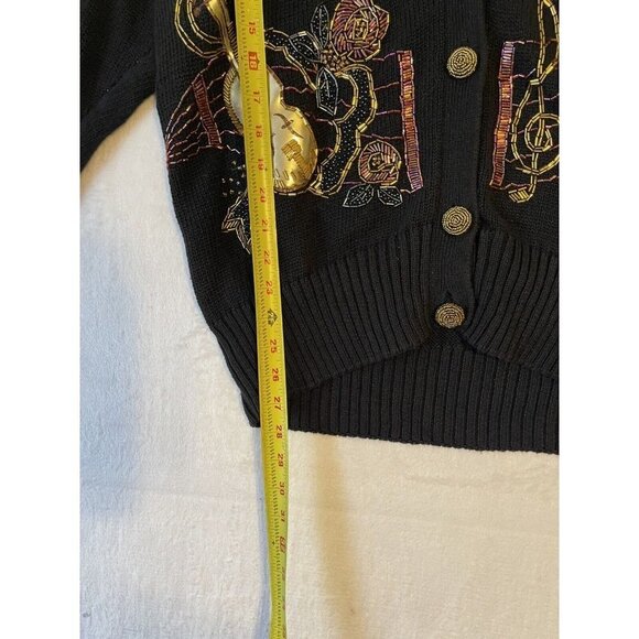 LIZI RUCH Musical Notes Violin Button Up Cardigan Sweater Womens M Black Vtg - Picture 7 of 16